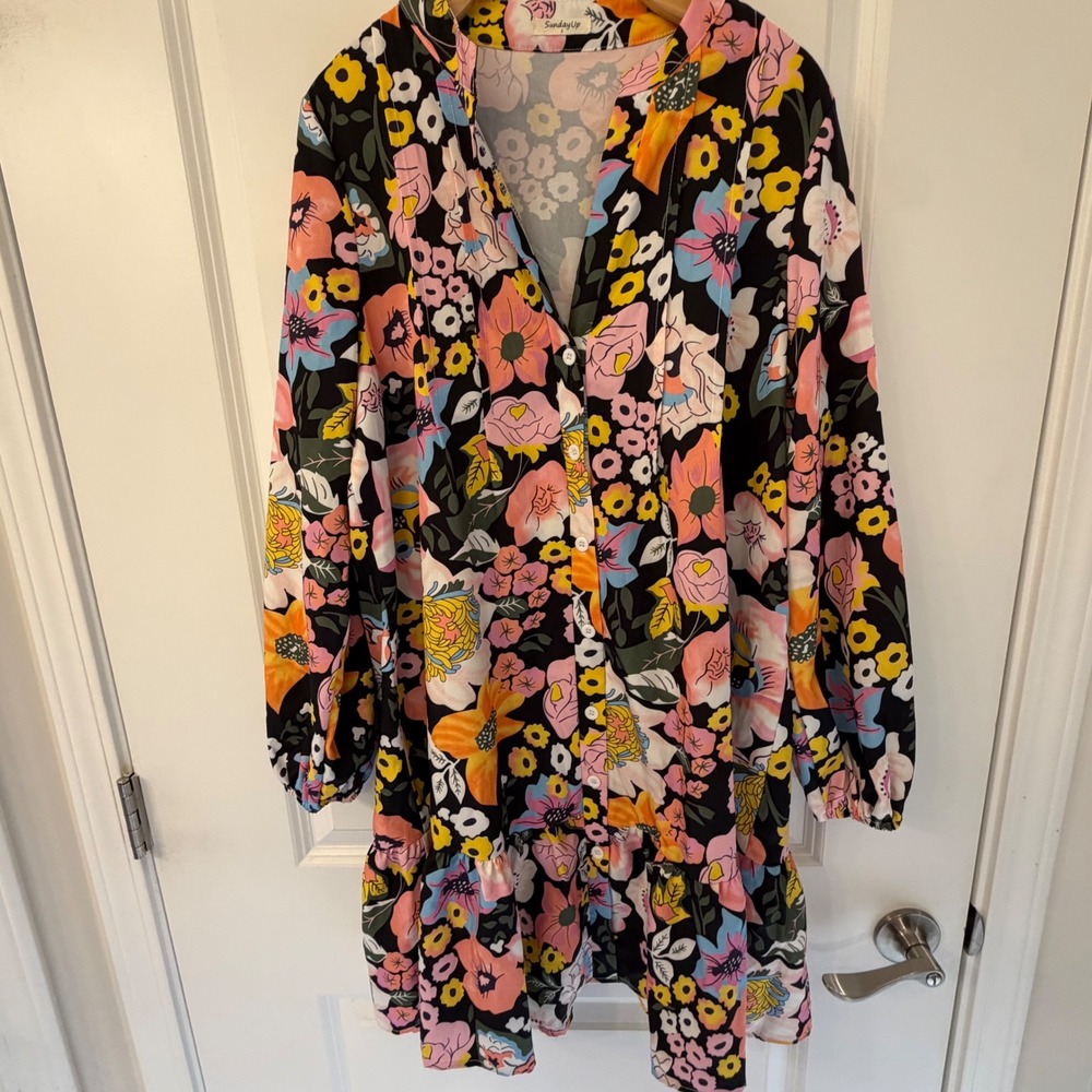 Sunday Up Black Floral Button Front Mini Dress Long Sleeve Tiered S SDUJ-D3208